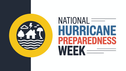 Fototapeta premium National Hurricane Preparedness Week Banner with Emergency Icons of Storm House Tree and Evacuation Planning for Safety Guides