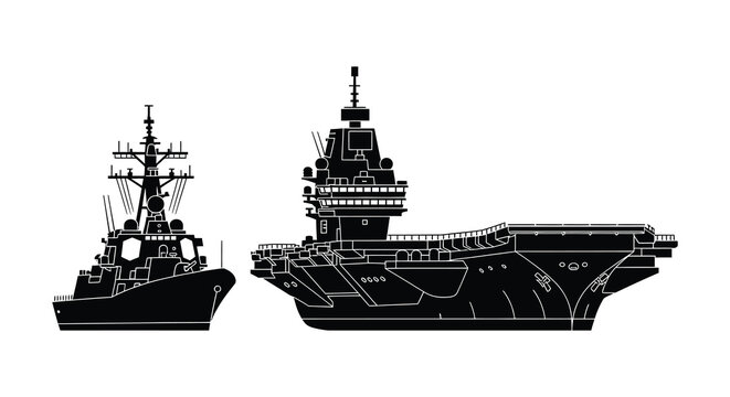 A stark depiction of a naval fleet showcasing a destroyer and aircraft carrier in a black silhouette high quality professional detailed