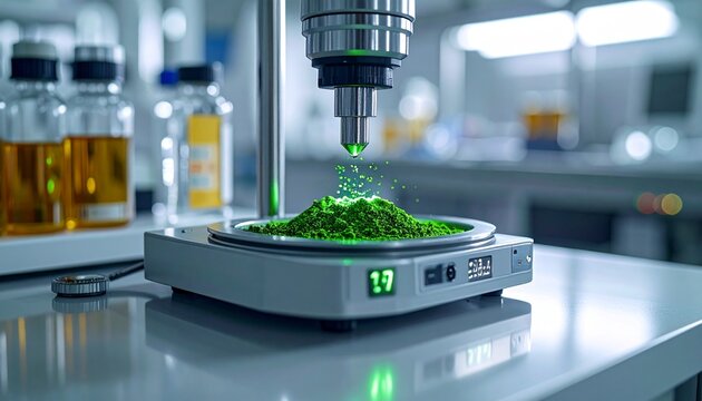 Green powder being measured on a scale in a scientific lab