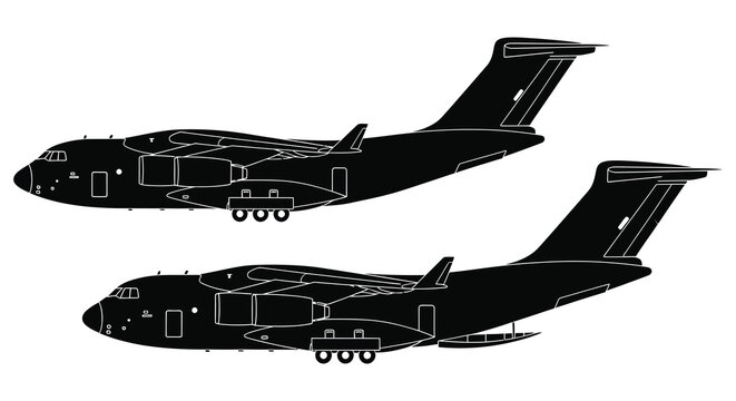 Detailed side view of a large military transport aircraft depicted in a striking black silhouette high quality professional detailed modern elegant
