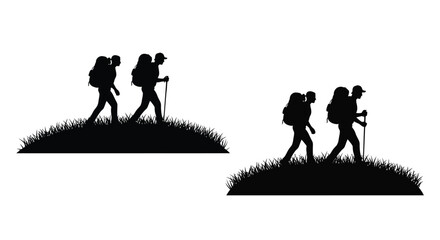 Hikers walking with backpacks on grassy terrain a striking silhouette © MDHOJAIFA