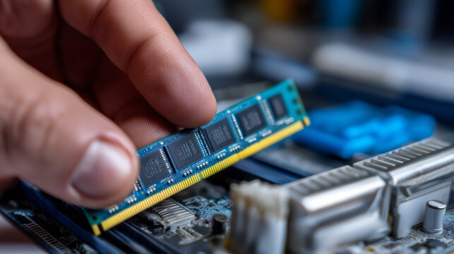 Hand installing computer RAM module on motherboard representing hardware upgrade and modern technology concept.