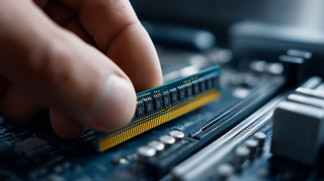 Hand installing computer RAM module on motherboard representing hardware upgrade and modern technology concept.