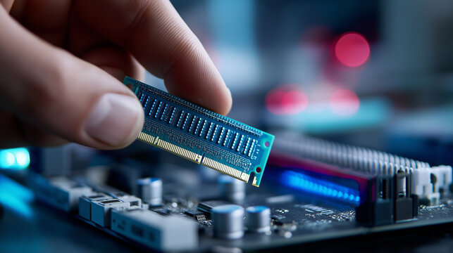Hand installing computer RAM module on motherboard representing hardware upgrade and modern technology concept.