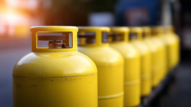 Row of yellow gas cylinders aligned in industrial setting with shallow depth of field