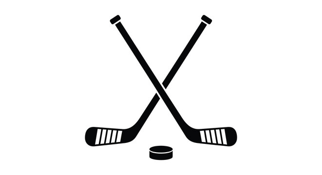 A stark depiction of crossed hockey sticks and a puck against a white background showcasing a dramatic silhouette high quality professional