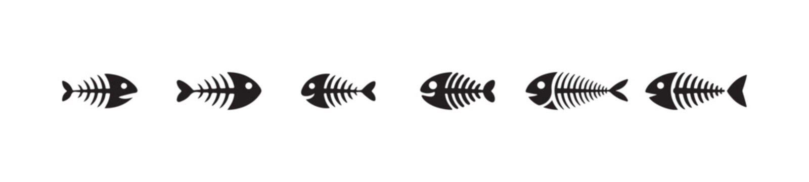 Set of 6 cartoon style black fish bone icons for pet food or dangerous marine environment symbols vector