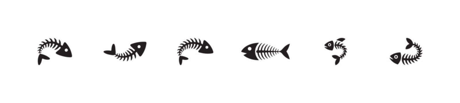 Curved fish bone skeleton vector illustrations set of dead aquatic life symbols for logo and icon