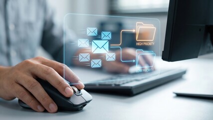 Obraz premium Automated Email Sorting System with Holographic Icons for Smart Inbox Management