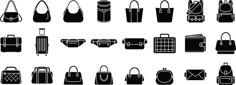 Comprehensive Bag Silhouette Vector Collection Featuring Handbags, Backpacks, Suitcases, Briefcases, Wallets, and Fashion Accessories