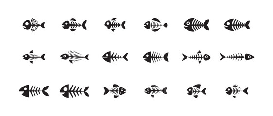 Fototapeta premium Group of black fish bone vector illustrations on white backdrop graphic art