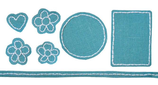 Set of handmade blue fabric patches and labels with white stitching. Scrapbook design elements isolated on white.