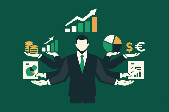 Business Financial Growth Strategy Concept with Multi Arm Professional Managing Investments, Charts, and Profit Analytics