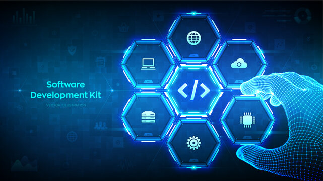 Futuristic software development kit interface with glowing blue hexagons and icons, representing coding, technology, and innovation in digital business solutions