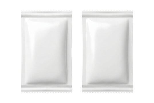 Two blank white sachets for food, cosmetic or medicine packaging. Isolated on transparent background, png