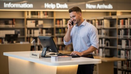 Obraz premium A man working at a help desk in a library, speaking on the phone and using a computer to assist customers with queries and provide information.