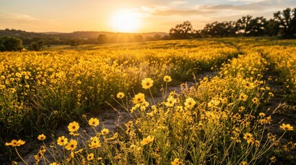 Obraz premium The sun sets over a vast field of yellow wildflowers. The golden light illuminates the landscape, creating a warm and serene atmosphere.