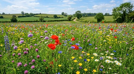 Obraz premium A vibrant wildflower meadow stretches across a rolling landscape under a bright blue sky.