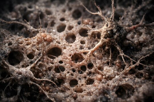 Hyper realistic visualization of brain tissue affected by prion disease, showing characteristic spongiform degeneration and neuronal damage.