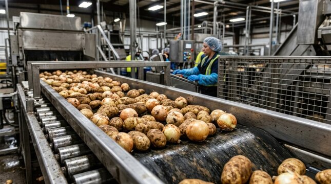 A worker in a blue work uniform monitors a conveyor belt filled with potatoes moving through a large food processing facility.