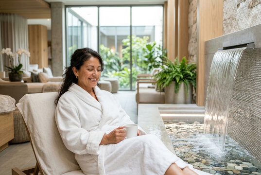 Middle aged hispanic woman relaxing in a spa robe by an indoor waterfall with a cup for wellness spa background and relaxation banner
