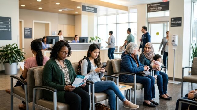 Several people sit in a waiting area of a medical office. A woman in a green sweater reads a brochure, while a young woman uses her phone.