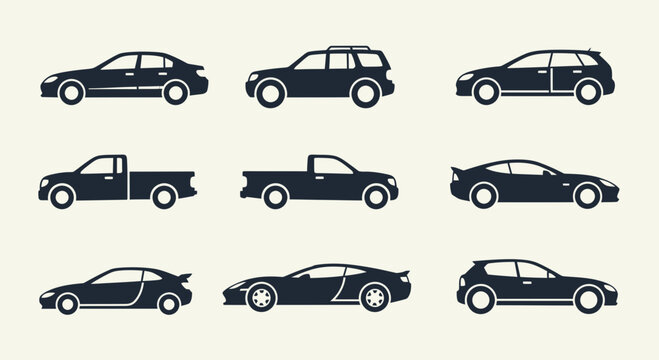 Set of Various Car Silhouettes and Vehicle Icons