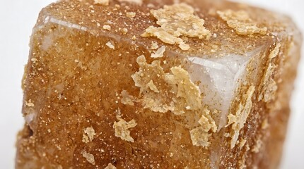 Fototapeta premium Close-up of brown sugar cube with crystalized texture, food photography concept salt crystal macro, mineral texture, crystal surface macro, food macro collection, food texture background, copy space