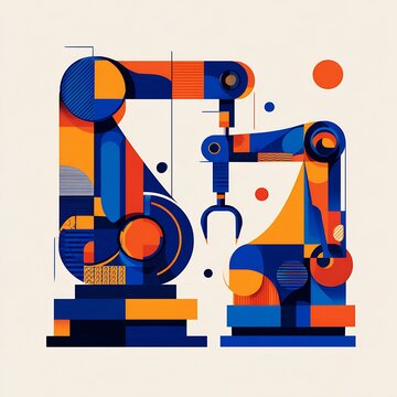 Geometric illustration of two industrial robotic arms in bold blue and orange abstract shapes