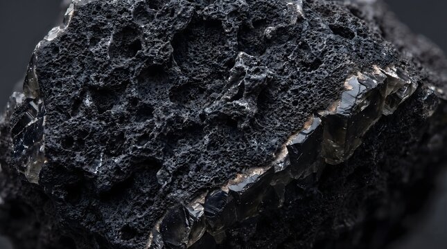 Detailed view of porous black rock with unique texture, geological study concept salt crystal macro, mineral texture, crystal surface macro, food macro collection, food texture background, copy space