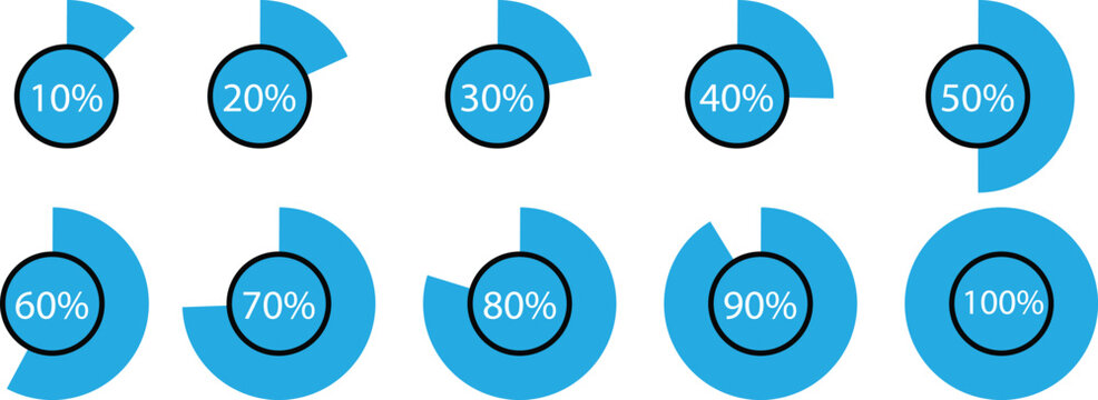 Set of Percentage Circle Charts and Progress Indicators from 10 to 100 Percent, Vector Infographic Design Elements for Dashboard and Web UI