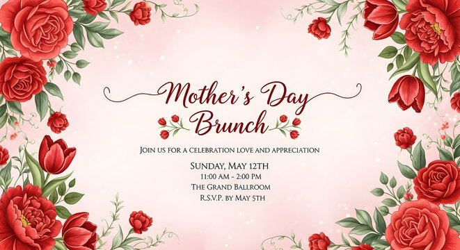 Elegant Mother's Day Brunch invitation, a beautiful floral celebration with red roses and tulips, perfect for spring events and special occasions
