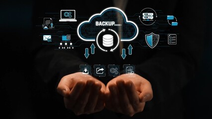 Fototapeta premium Hands Holding Cloud Data Visual with Backup Icons and Symbols Representing Digital Security and Information Technology Concepts Sigmoid