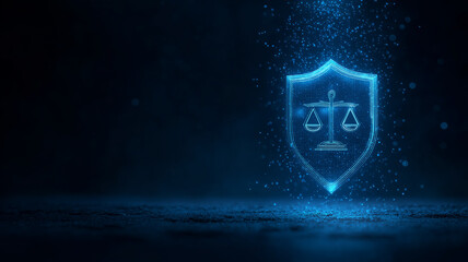 Fototapeta premium Glowing digital shield with scales of justice icon, legal protection concept, cyber law, data security, compliance, virtual rights defense and futuristic judicial technology