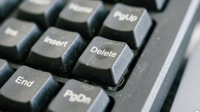 A close-up shot of a black computer keyboard. The "Delete" key is prominently displayed, showing signs of wear and tear.