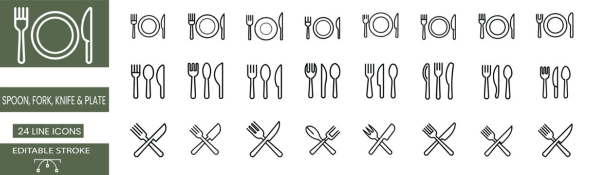Restaurant and kitchen cutlery line icons set featuring spoon fork knife and plate vector illustration with editable stroke.
