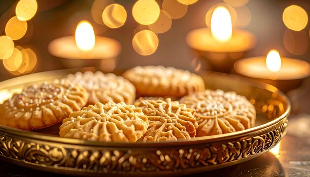 Golden tray of biscuits with warm candlelight and blurred background