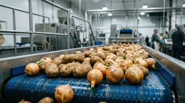 A blue conveyor belt carries a large quantity of onions through a modern food processing facility. Workers monitor the line, and machinery is visible in the background.