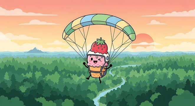 A cartoon dessert character, designed as a strawberry ice cream cone, floats over a vibrant green forest at sunset with a parachute