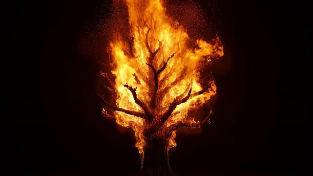Solitary bare tree engulfed in fierce fire isolated on a black background. Concept of environmental disaster and climate change.