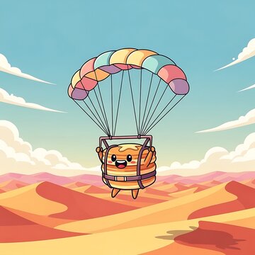 A cute cartoon stack of pancakes parachuting over a desert landscape with blue sky and fluffy clouds
