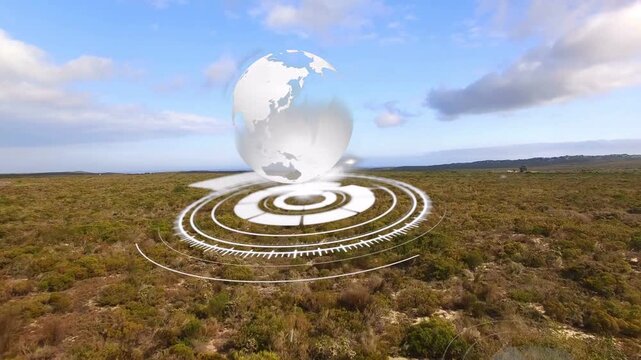 Flare sparking white globe and HUD rings forming, spinning, pulsing above coastal scrub for mapping