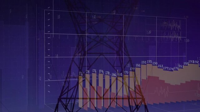 Vertical video: Tower centering while data starting grid UI bars rising fading showing dusk power