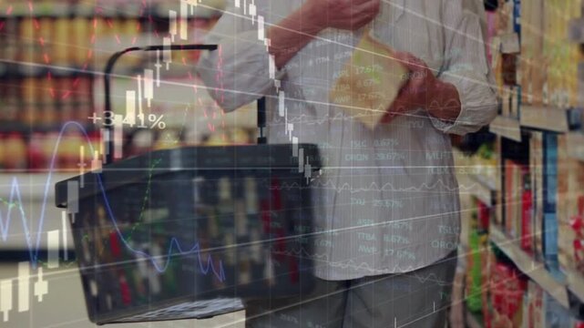 Vertical video: Shopper reaching shelf examining box while finance graphs tracking checking prices