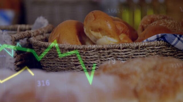 Camera moving forward, bread loaves coming into focus as green,yellow charts tracking bakery sales