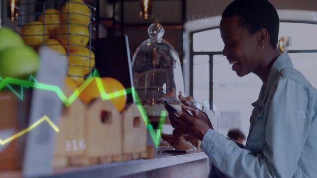 Woman scrolling phone and sipping cup at bar, cam panning, finance charts animating across produce