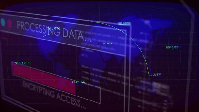 Translucent HUD sliding in, starting data arcs over world map and filling progress for encryption