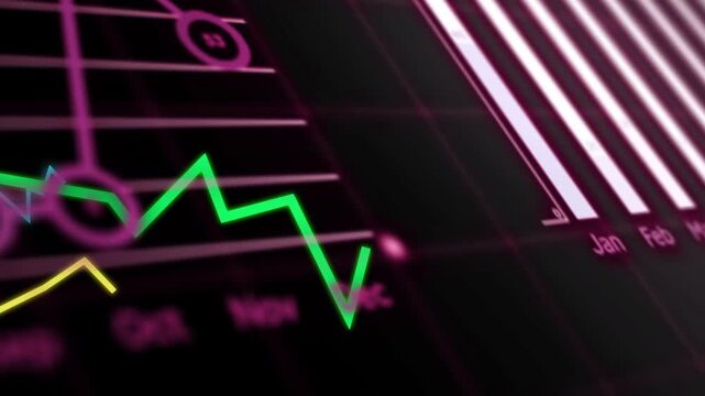 Vertical video: Camera panning, data dashboard drawing neon lines and rotating pie, showing trends