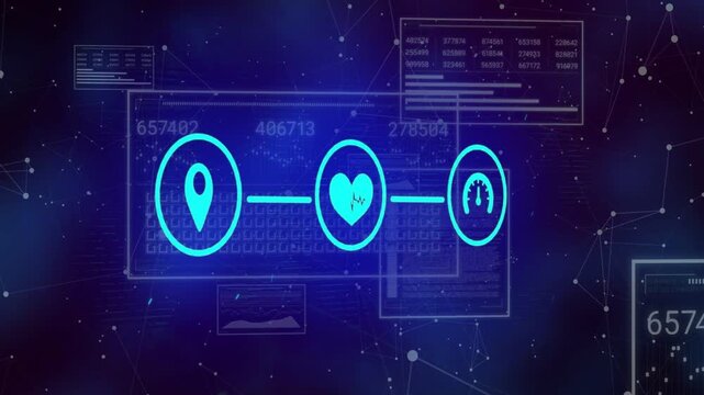 Vertical video: Location pin appearing, three cyan icons pulsing and linking, showing health data