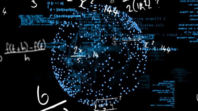 Data globe rotating on black, code streaming causing equations growing, showing math for technology